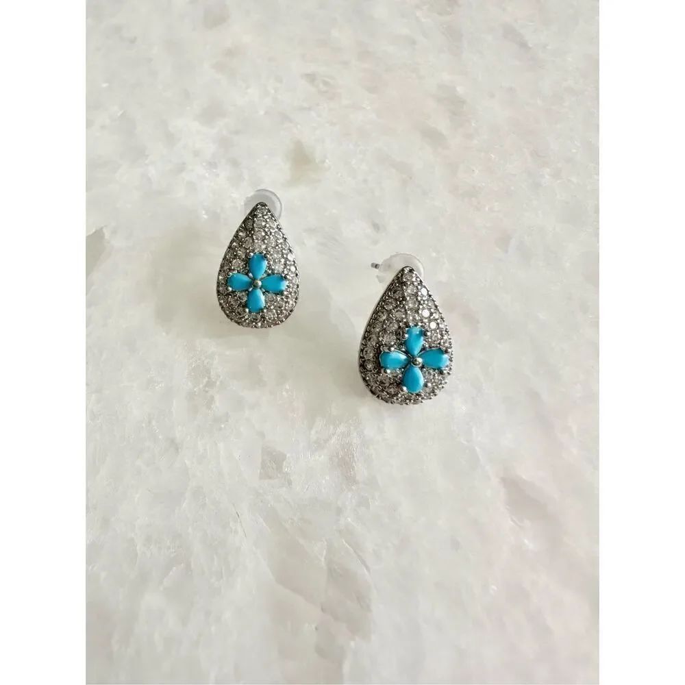 Cubic zirconia turquoise blue flower teardrop earringsโ๏ฟผ